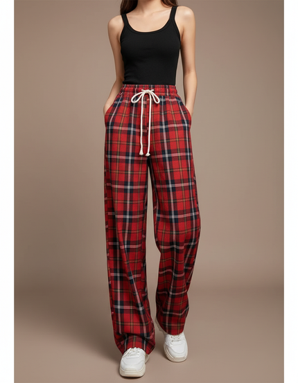 Pantalon Fluide Rouge Carreaux Ample Décontracté Femme - Molleton