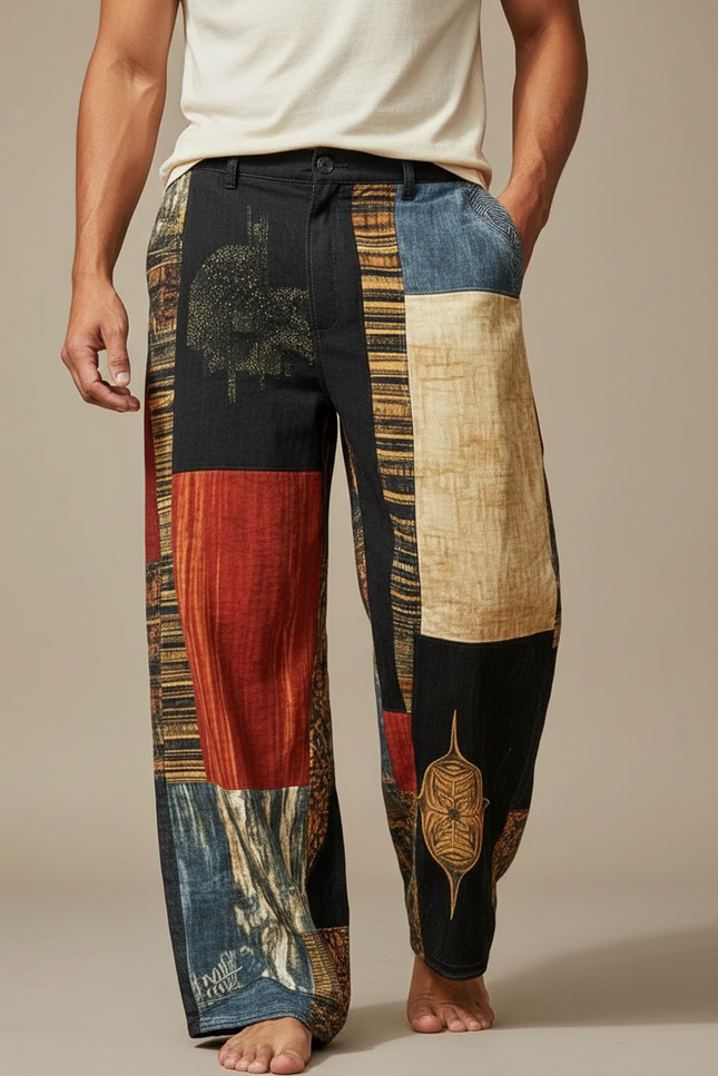 Pantalon Fluide Patchwork Ethnique Ample Imprimé Confortable - Multicolore Coton