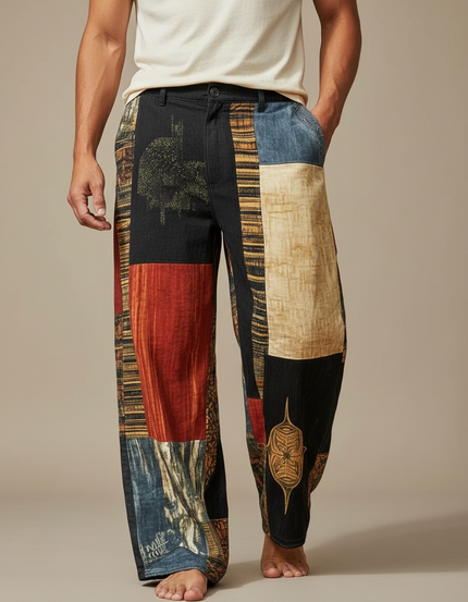 Pantalon Fluide Patchwork Ethnique Ample Imprimé Confortable - Multicolore Coton