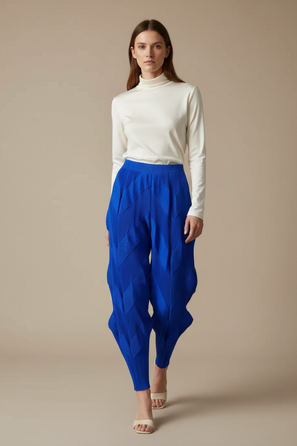 Pantalon Fluide Plissé Bleu Élastique Chevrons Femme Élégant - Polyester