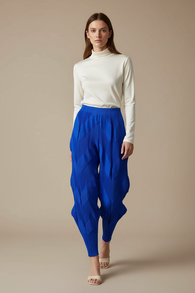 Pantalon Fluide Plissé Bleu Élastique Chevrons Femme Élégant - Polyester
