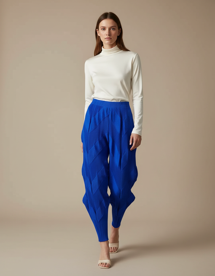 Pantalon Fluide Plissé Bleu Élastique Chevrons Femme Élégant - Polyester
