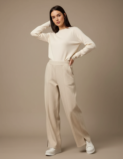 Pantalon Fluide Beige Large Droit Fendu Décontracté Élégant - Molleton