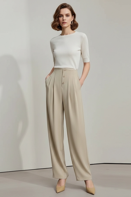 Pantalon Fluide Beige Plissé Taille Haute Élégant Droit - Polyester