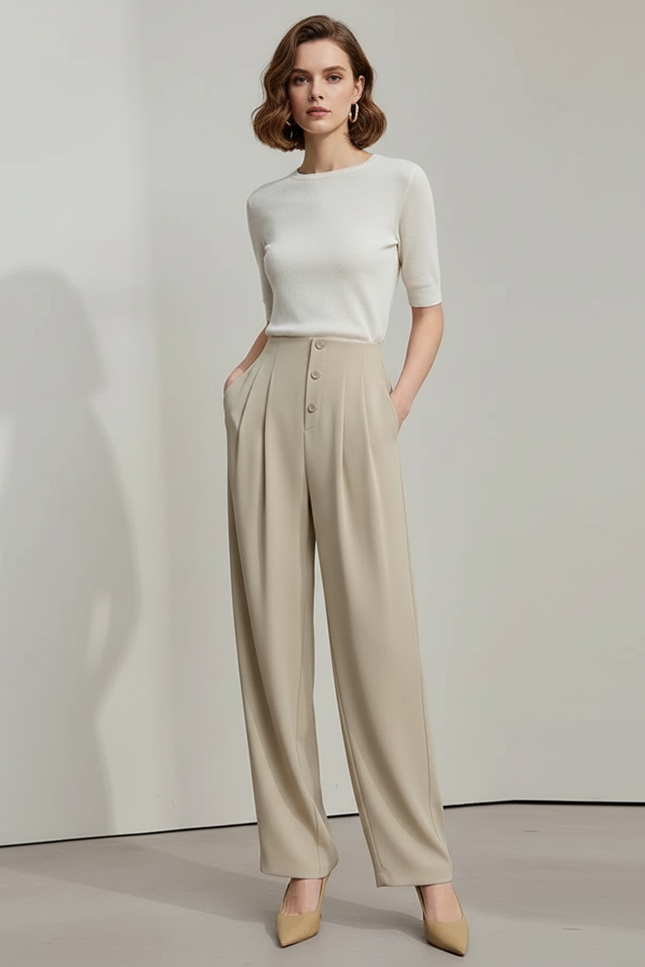 Pantalon Fluide Beige Plissé Taille Haute Élégant Droit - Polyester