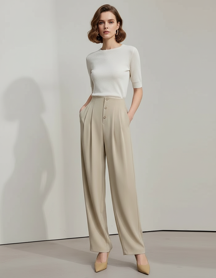 Pantalon Fluide Beige Plissé Taille Haute Élégant Droit - Polyester