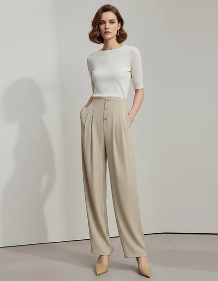 Pantalon Fluide Beige Plissé Taille Haute Élégant Droit - Polyester