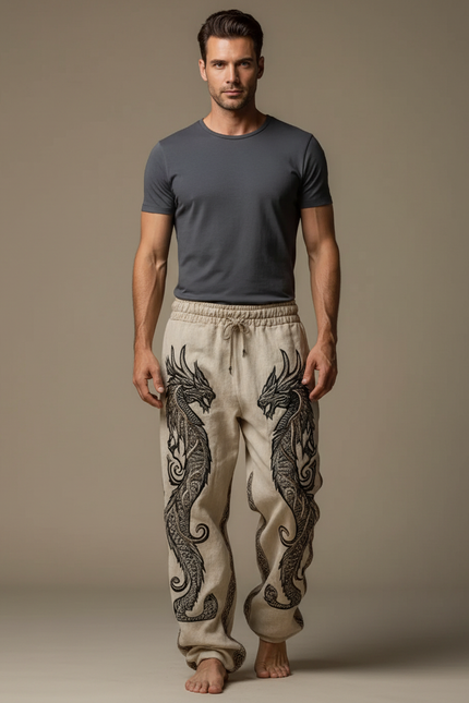 Pantalon Fluide Beige Brodé Dragon Ample Cordon Homme - Lin