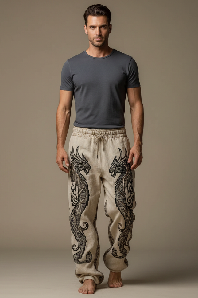 Pantalon Fluide Beige Brodé Dragon Ample Cordon Homme - Lin