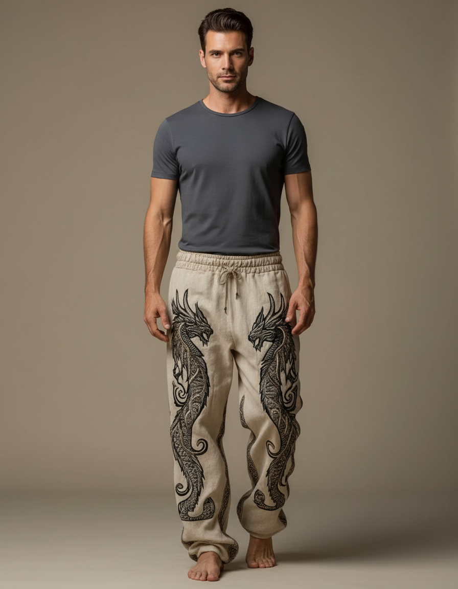 Pantalon Fluide Beige Brodé Dragon Ample Cordon Homme - Lin