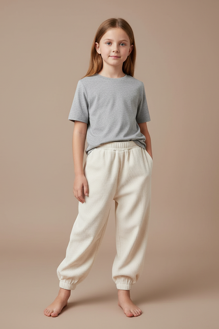 Pantalon Fluide Côtelé Écru Ample Confortable Fille - Beige Cordé
