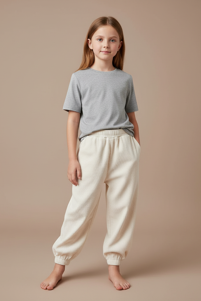 Pantalon Fluide Côtelé Écru Ample Confortable Fille - Beige Cordé