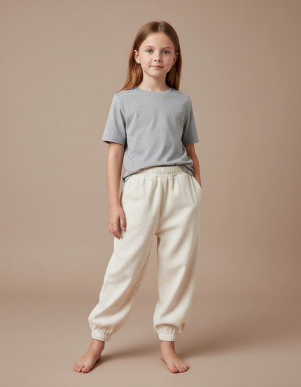 Pantalon Fluide Côtelé Écru Ample Confortable Fille - Beige Cordé
