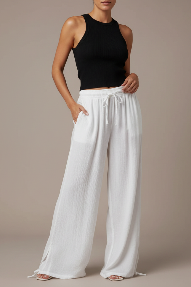 Pantalon Fluide Blanc Ample Coton Lin Femme