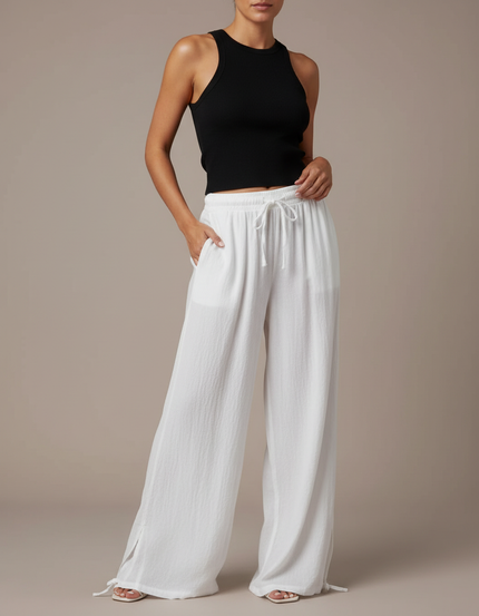 Pantalon Fluide Blanc Ample Coton Lin Femme