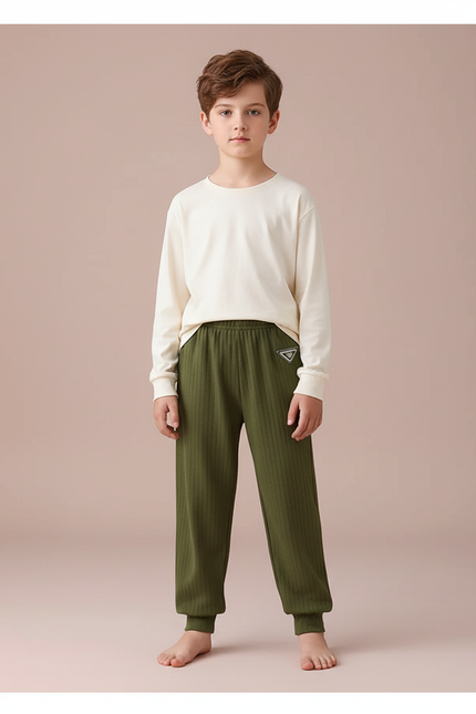 Pantalon Fluide Vert Kaki Côtelé Décontracté Enfant - Molleton