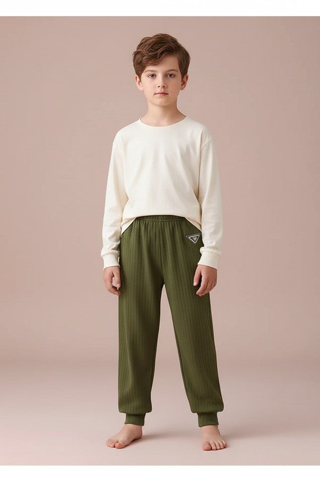 Pantalon Fluide Vert Kaki Côtelé Décontracté Enfant - Molleton