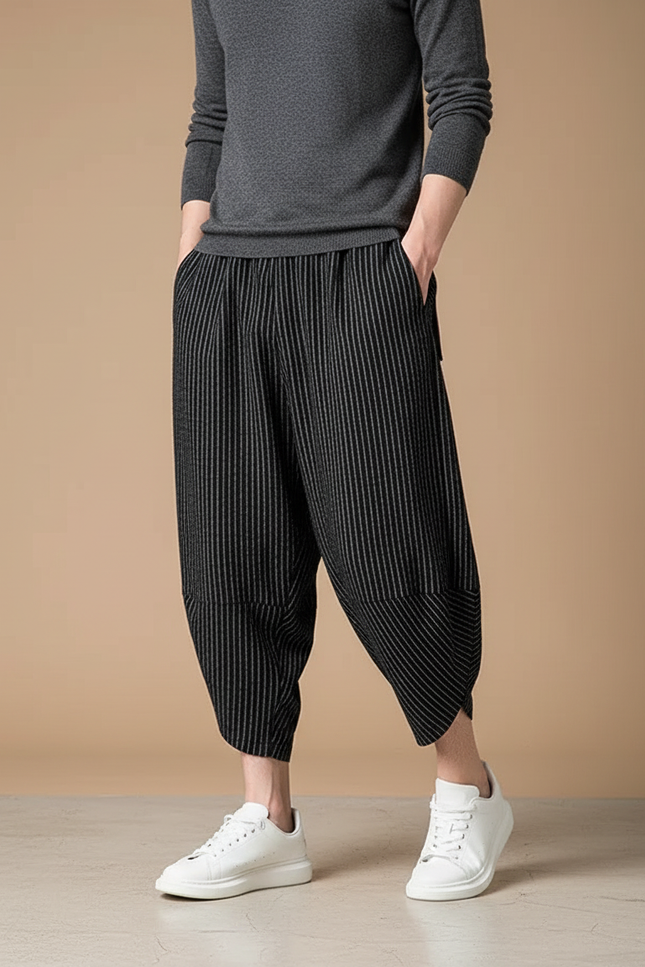 Pantalon Fluide Noir Rayé Ample Harem Coton
