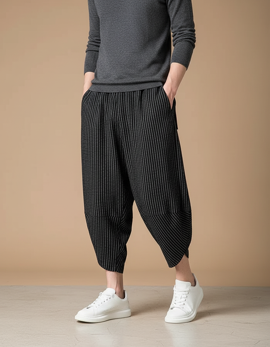 Pantalon Fluide Noir Rayé Ample Harem Coton