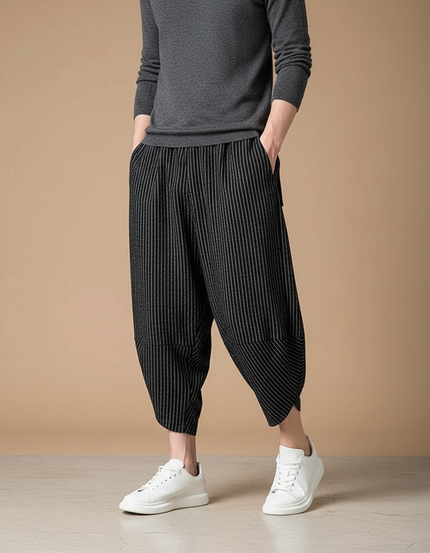 Pantalon Fluide Noir Rayé Ample Harem Coton