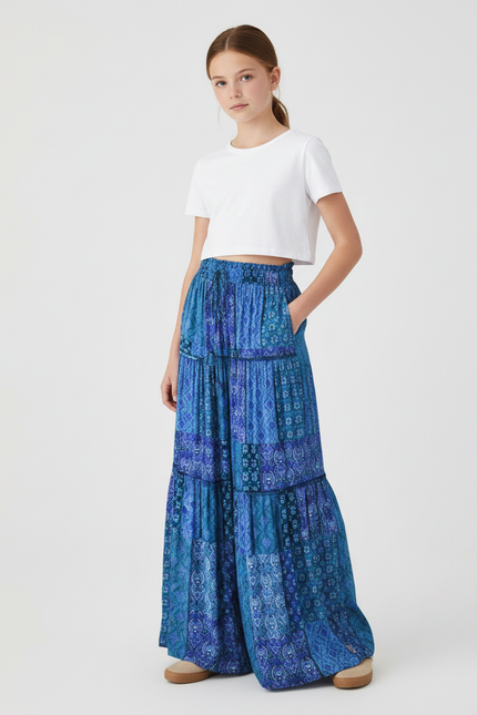 Pantalon Fluide Bleu Imprimé Bohème Élastique Ample - Viscose