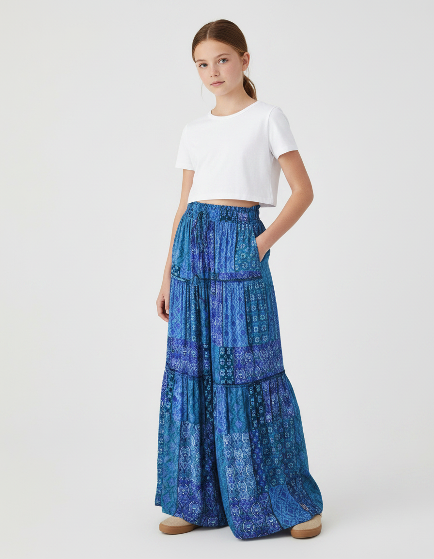 Pantalon Fluide Bleu Imprimé Bohème Élastique Ample - Viscose