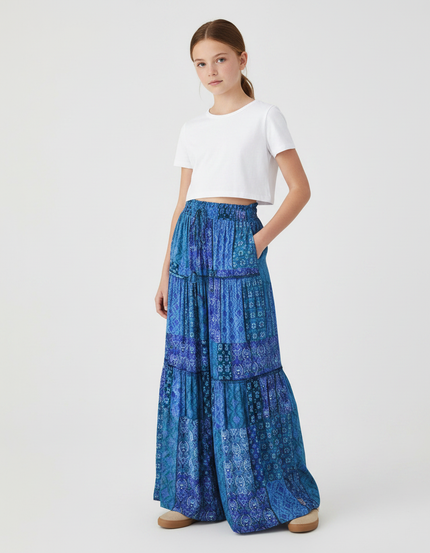 Pantalon Fluide Bleu Imprimé Bohème Élastique Ample - Viscose