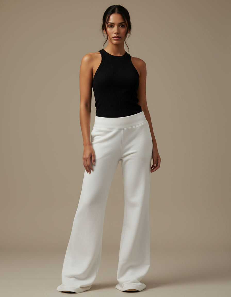 Pantalon Fluide Blanc Ample Confortable Évasé Élégant - Molleton