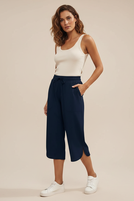 Pantalon Fluide Bleu Marine Court Ample Décontracté - Polyester