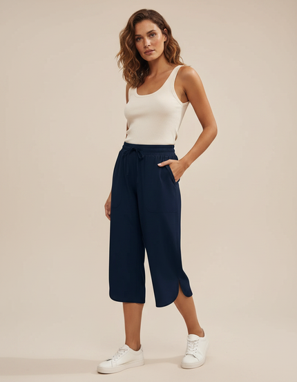 Pantalon Fluide Bleu Marine Court Ample Décontracté - Polyester