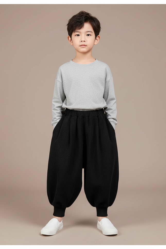 Pantalon Fluide Noir Ample Harem Coton Enfant - Molleton