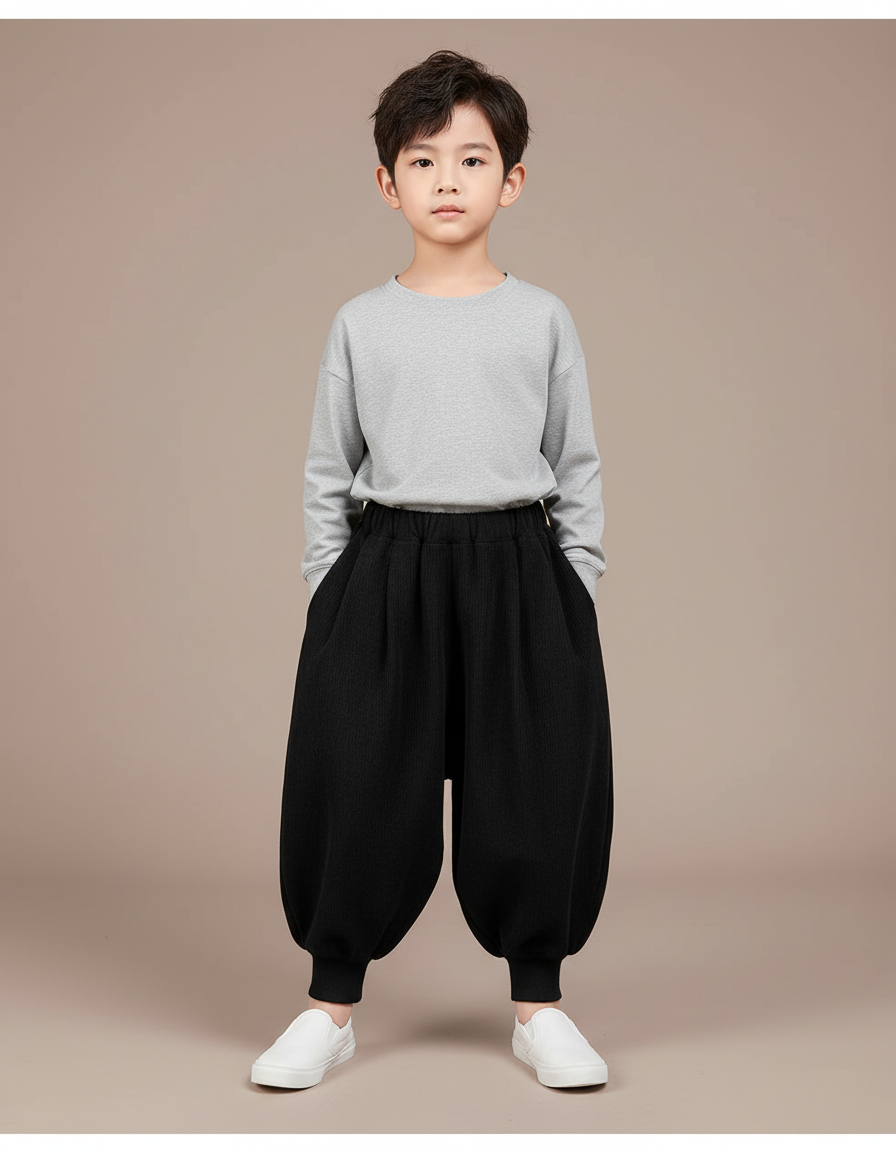 Pantalon Fluide Noir Ample Harem Coton Enfant - Molleton