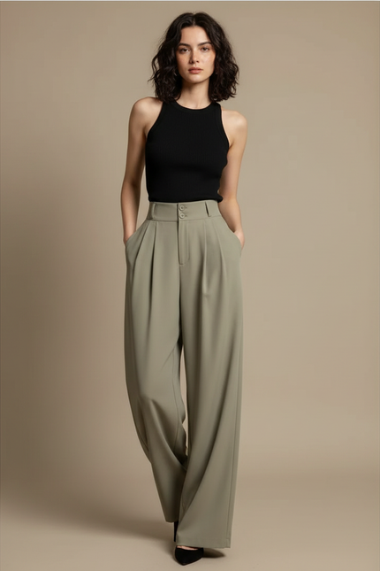 Pantalon Fluide Vert Olive Plissé Ample Décontracté - Kaki Polyester