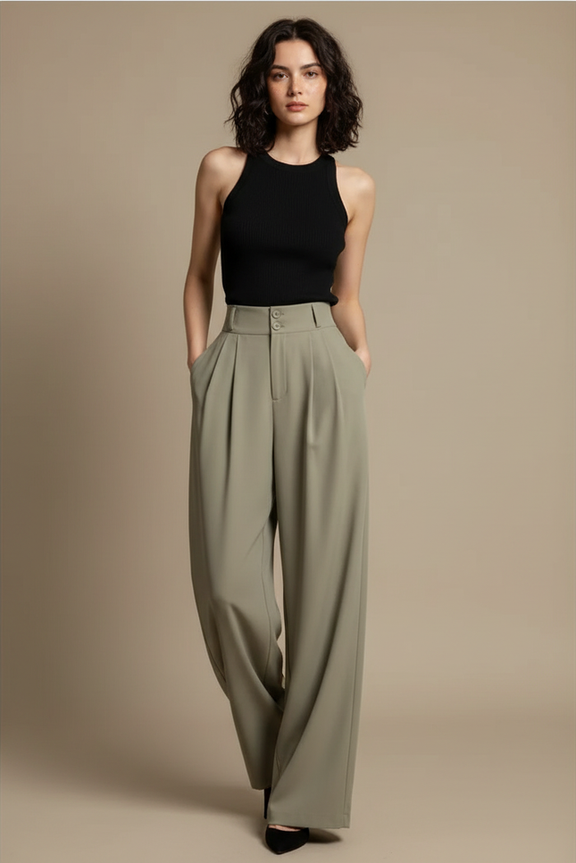 Pantalon Fluide Vert Olive Plissé Ample Décontracté - Kaki Polyester