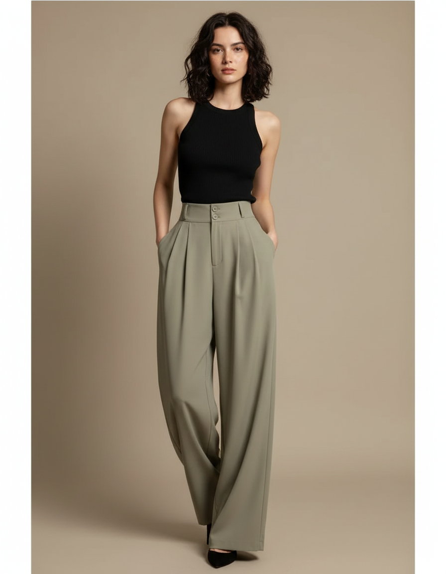 Pantalon Fluide Vert Olive Plissé Ample Décontracté - Kaki Polyester