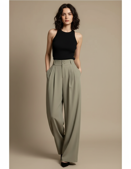 Pantalon Fluide Vert Olive Plissé Ample Décontracté - Kaki Polyester