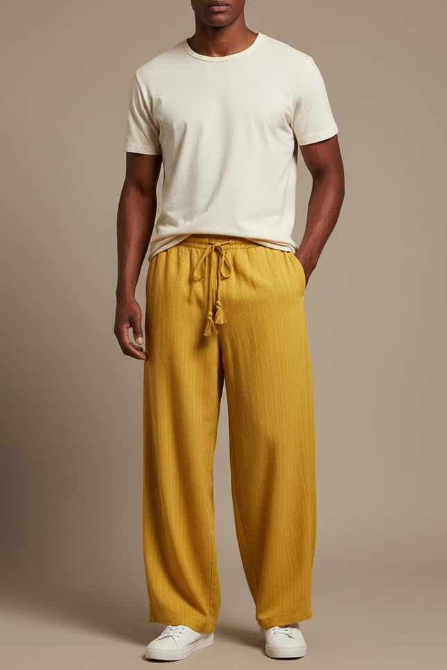 Pantalon Fluide Jaune Ample Texturé Cordon Décontracté - Cordé