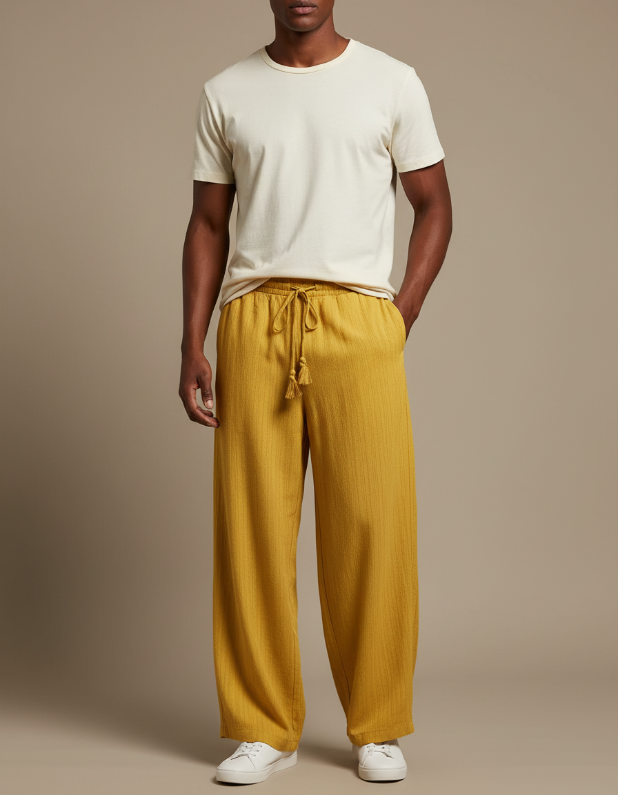 Pantalon Fluide Jaune Ample Texturé Cordon Décontracté - Cordé