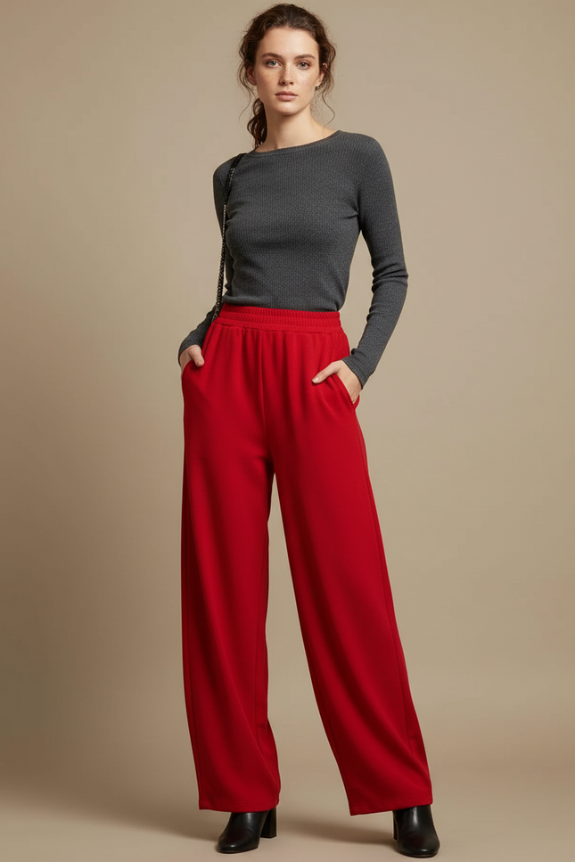 Pantalon Fluide Rouge Ample Taille Haute Femme Élégant - Viscose