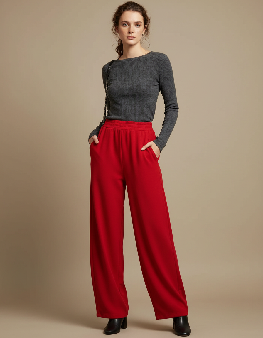 Pantalon Fluide Rouge Ample Taille Haute Femme Élégant - Viscose