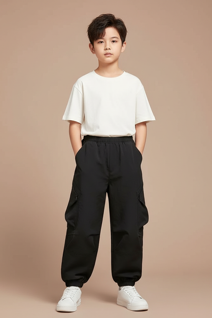Pantalon Fluide Noir Ample Cargo Décontracté Garçon - Polyester