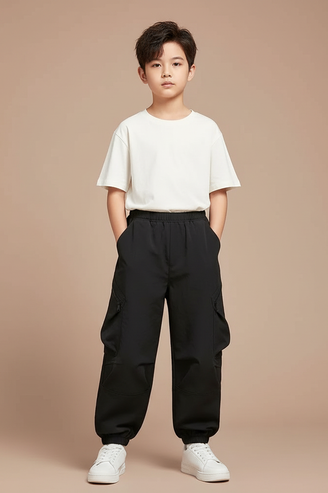 Pantalon Fluide Noir Ample Cargo Décontracté Garçon - Polyester