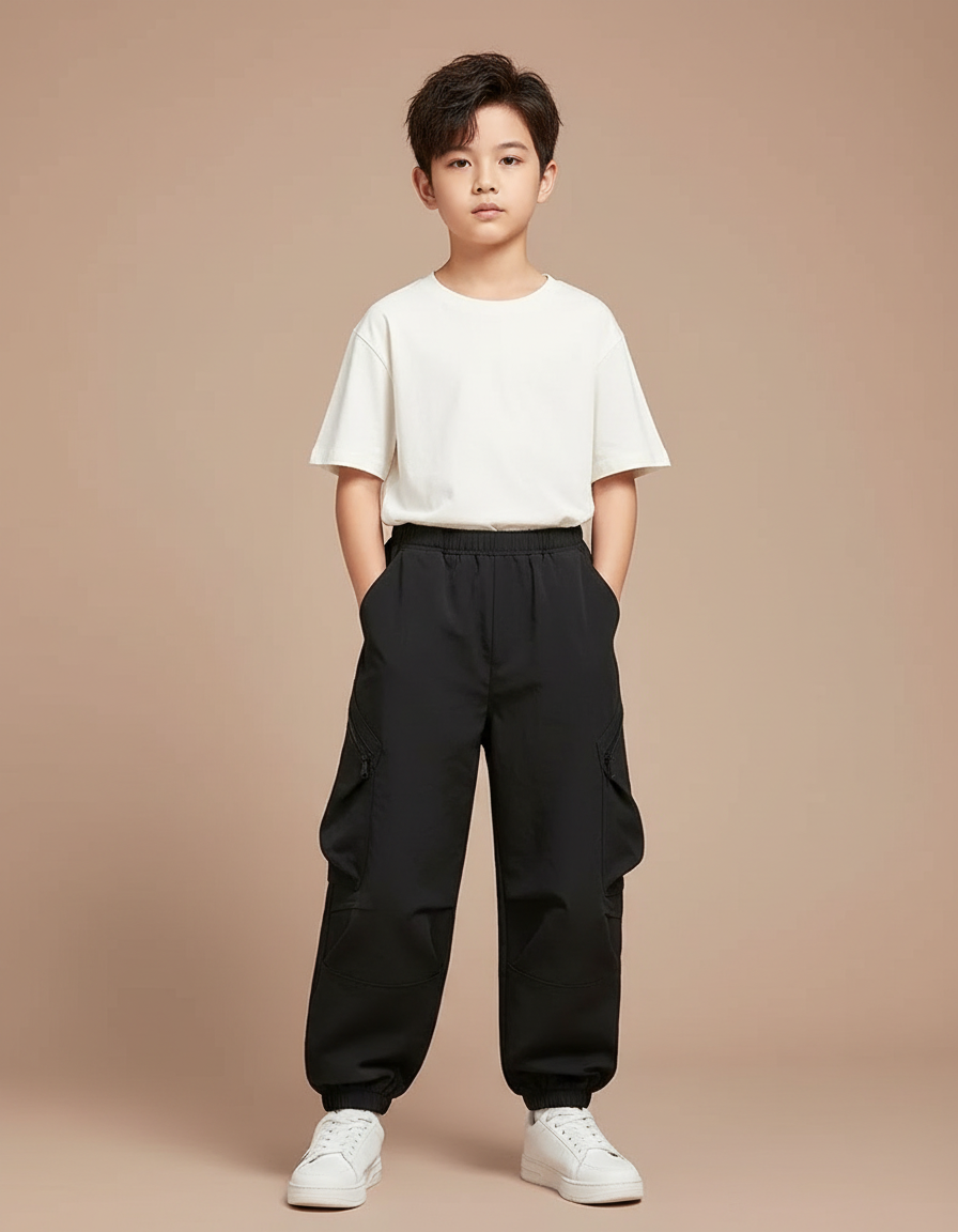 Pantalon Fluide Noir Ample Cargo Décontracté Garçon - Polyester
