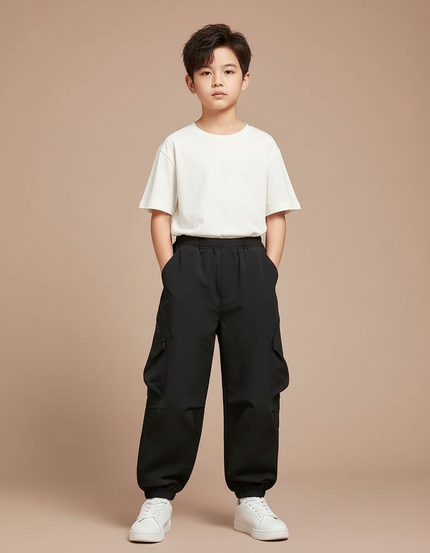 Pantalon Fluide Noir Ample Cargo Décontracté Garçon - Polyester
