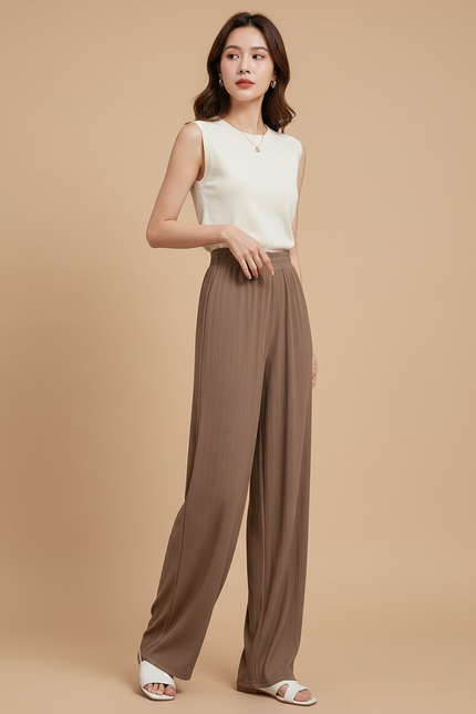 Pantalon Fluide Marron Plissé Ample Décontracté Coréen - Maille