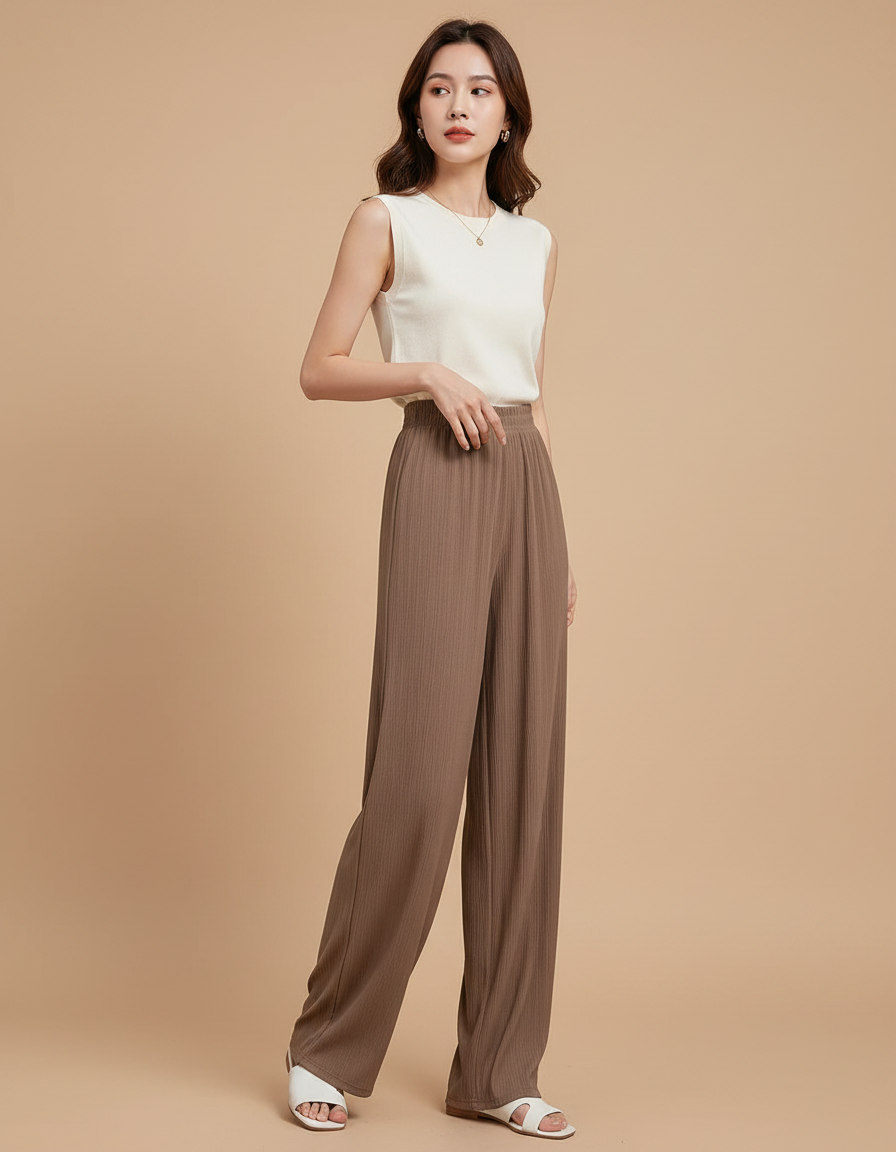 Pantalon Fluide Marron Plissé Ample Décontracté Coréen - Maille