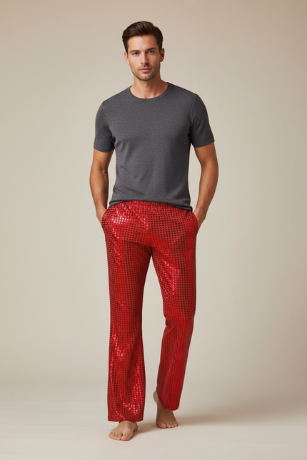 Pantalon Fluide Rouge Paillettes Évasé Disco Homme - Polyester