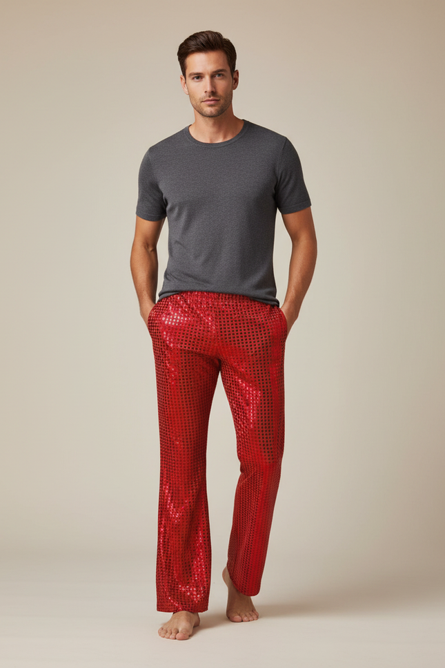 Pantalon Fluide Rouge Paillettes Évasé Disco Homme - Polyester