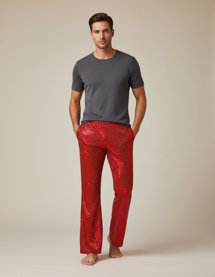 Pantalon Fluide Rouge Paillettes Évasé Disco Homme - Polyester