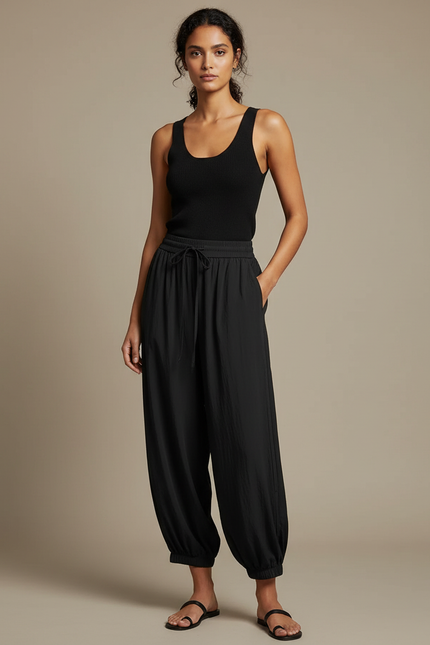 Pantalon Fluide Noir Ample Cordon Cheville Décontracté - Polyester